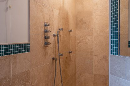 The shower in the shared bathroom at Tinkers Folly, Yorkshire