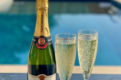 Champagne by the pool at Oakfield, Somerset