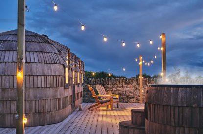 The decking outside of the igluhut at Orchard Snug, Somerset