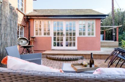The outdoor seating area at White Cross Cottage, Devon