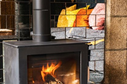 The log burner at Padstone Farmhouse, Cornwall