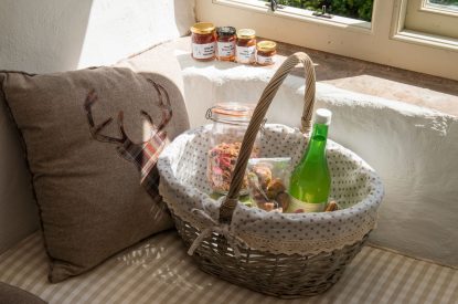 A welcome basket at The Old Mill, Worcestershire