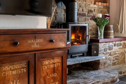 The log burner at Honey Buzzard Farmhouse, Devon