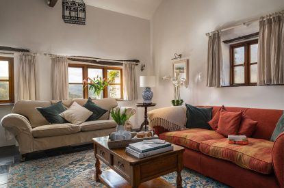 The living room at Honey Buzzard Farmhouse, Devon