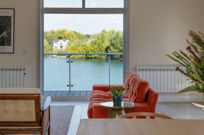 The view from the living room at Lakefront Lodge, Cotswolds