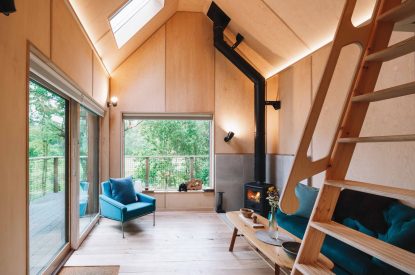 The living space at Ermine, Scotland with log burner 