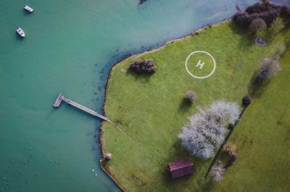 The helipad on the edge of the sea at Brickworks and Vines, Isle of Wight