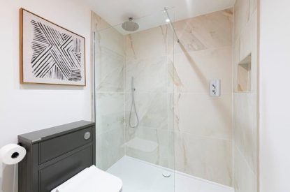 A shower room at The Foaling Box at Lanhill, Wiltshire