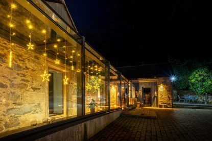 The entrance at night at Lomond House, Loch Lomond