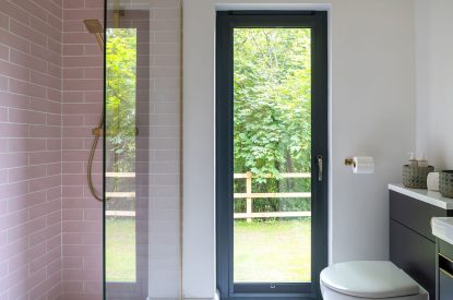 A shower room at Bracken Barn, Devon