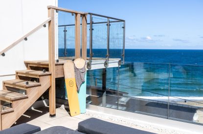 Beach views from the balcony at Tides Edge, Cornwall