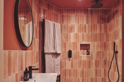 A shower room at Hay Barn, Powys