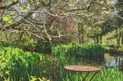 A seating area by the pond at The Old Grain Store, Lake District