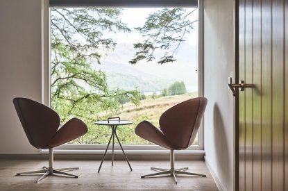 A bedroom window at Stag Cabin, Loch Lomond