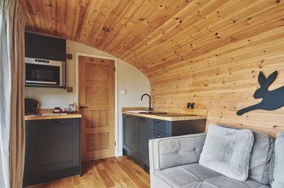 The kitchen and living space at Peak Cabin, Peak District
