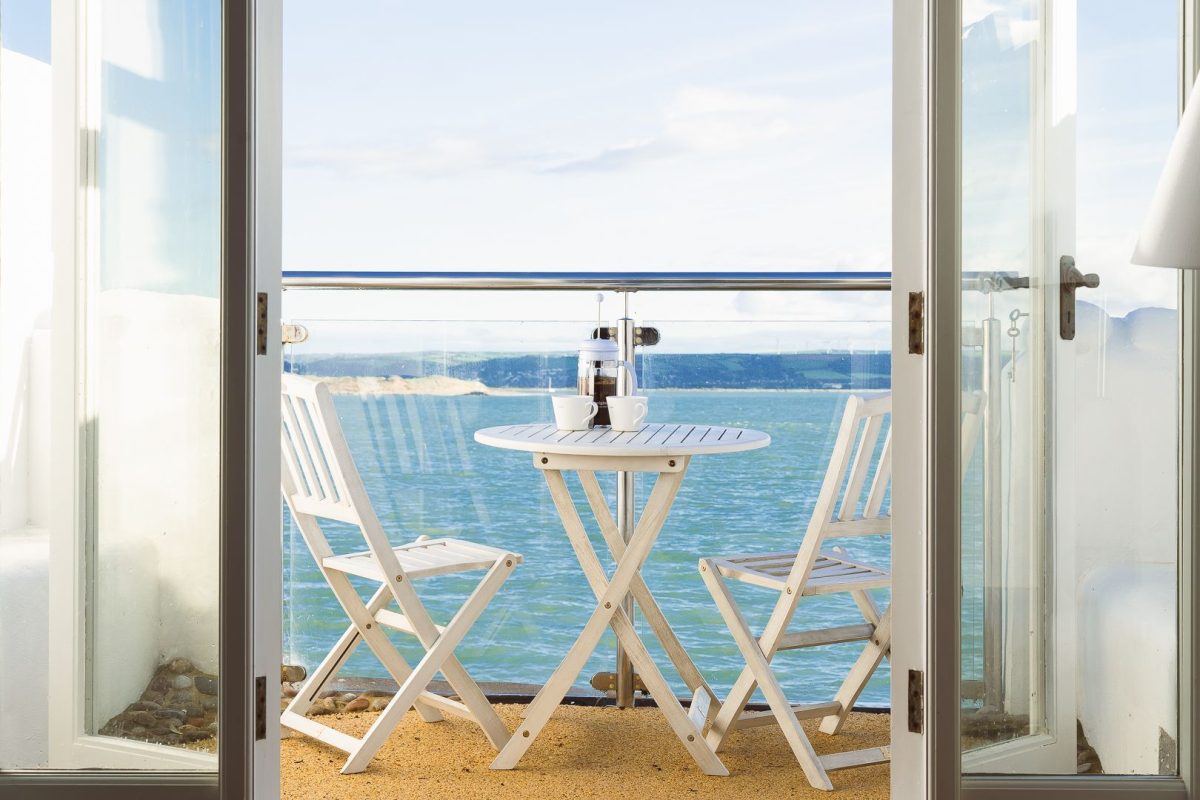 The private terrace with views of the estuary at Waters Dream, Devon