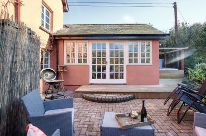 The outdoor seating area at White Cross Cottage, Devon