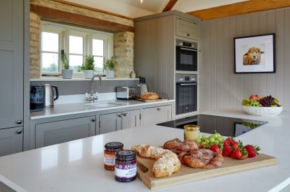 Breakfast pastries on the kitchen counter at Milk Barn, Cotswolds