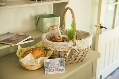 A welcome basket at The Old Mill, Worcestershire