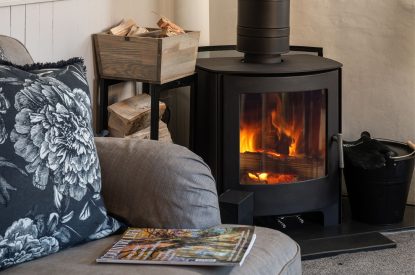 The log burner at Rosefinch Cottage, Devon