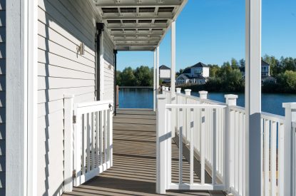 The balcony at Lakefront Lodge, Cotswolds