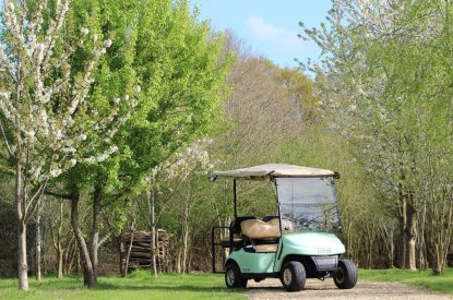 A golf kart surrounded by woodland at Brickworks and Vines, Isle of Wight