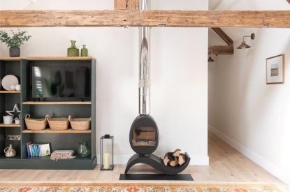 The woodburner at The Foaling Box at Lanhill, Wiltshire