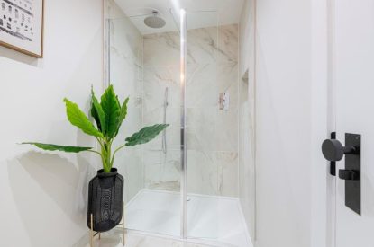 A shower room at The Foaling Box at Lanhill, Wiltshire