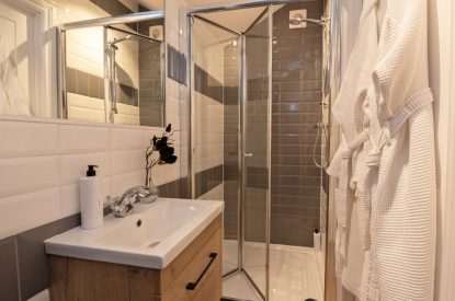 A shower room at The Pool house, Chapmanslade, Wiltshire