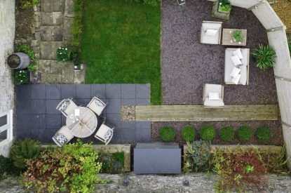 Aerial view of the garden at The Painswick Retreat, Cotswolds