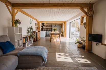 The vast open plan living area at Wisteria Farmhouse, Cornwall
