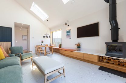 The wood burner at Woodlark, Devon