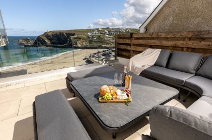 Outdoor seating area at Tides Edge, Cornwall