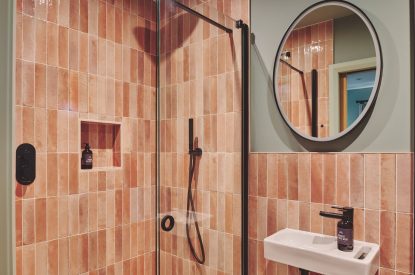 A shower room at Hay Barn, Powys