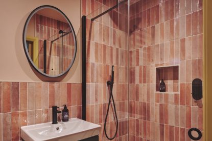 A shower room at Hay Barn, Powys