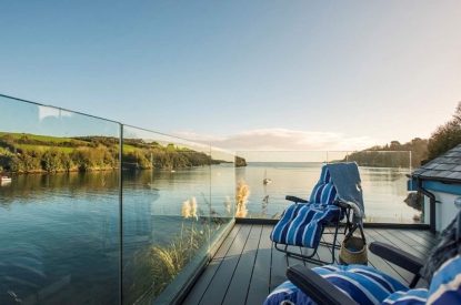 The decking overlooking the sea at Sea Island, Cornwall