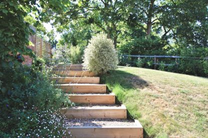Garden steps in the garden of Gull Farm Barn, Suffolk