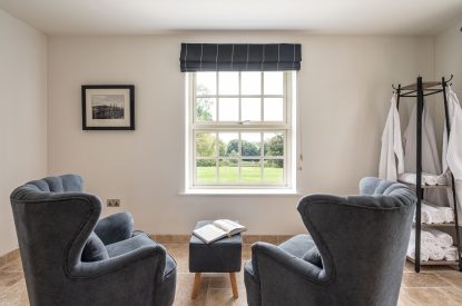 The kitchen sofas with countryside views at Tinkers Folly, Yorkshire