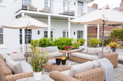 Outdoor entertaining area at Chester House, Cheshire