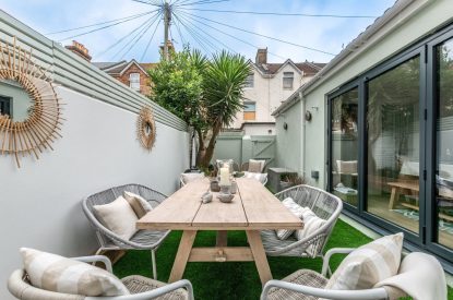 Outdoor dining space at Coral House, Dorset