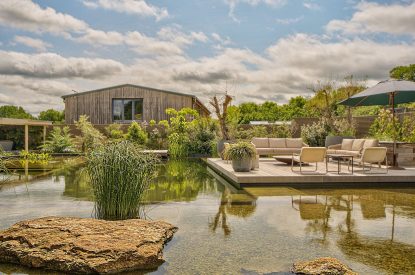 The natural swimming pond at Olive Orchard, Cotswolds