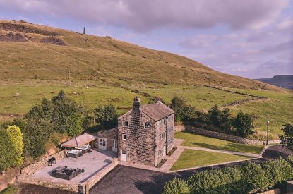 Aerial view of Rye Top Farm, Uppermill, Peak District