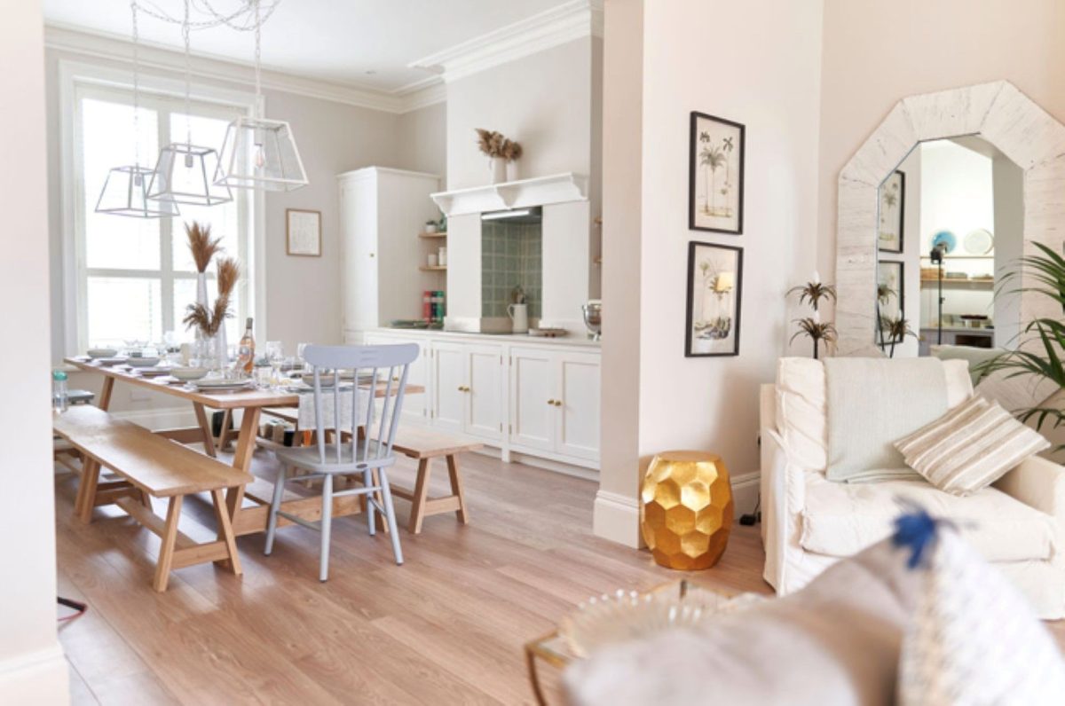 Open plan living space at Driftwood House, Dorset
