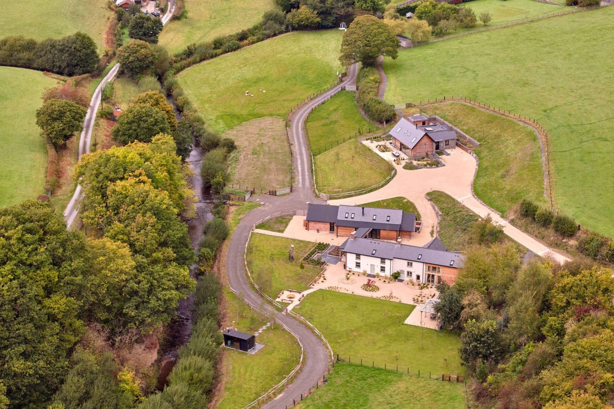 Aerial view of Haymill Retreat, Powys