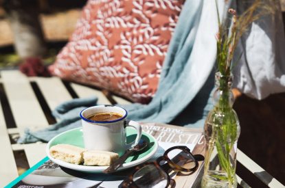 Hot chocolate in the garden at Exe Valley Retreat, Devon