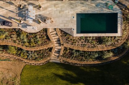 Aerial view of the swimming pool at Winston Manor, Cotswolds