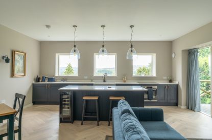 The pool house living area at Winston Manor, Cotswolds